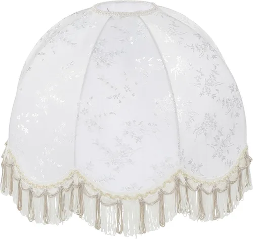 Vista 2 de Aspen Creative 34524 Pantalla de araña de cúpula festoneada cosida a mano en color beige con tela texturizada jacquard con flecos, parte superior