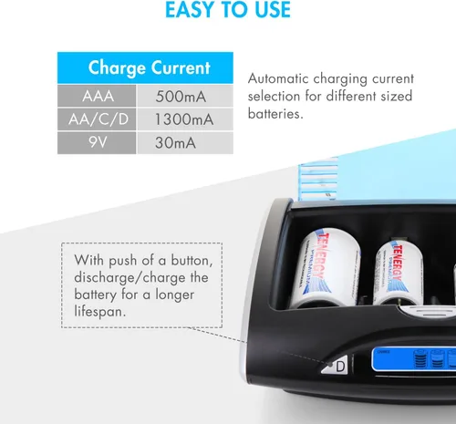 Vista 7 de Tenergy T9688 Cargador de batería LCD AA/AAA/C/D/9V NiMH/NiCD + Batería recargable NiMH de 26 celdas de primera calidad 8AA/8AAA/4C/4D/2 pilas de 9V