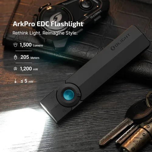Vista 2 de OLIGHT - ArkPro EDC Linterna plana recargable, haz verde, LED UV y blanco, 1500 lúmenes, USB-C, linterna de bolsillo, luz de inundación puntual