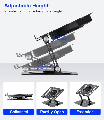 Vista 5 de Soporte para laptop, con base giratoria de 360°, ventilador de enfriamiento externo, iluminación RGB ajustable, soporte ergonómico plegable