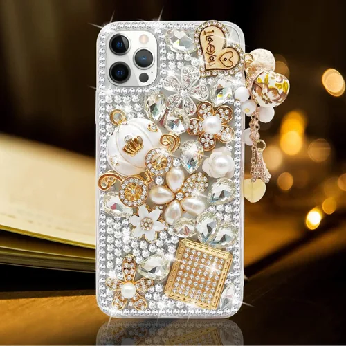 Vista 9 de Guppy Funda para iPhone 11 Pro Max para mujer de lujo 3D Bling brillante diamantes de imitación perla de cristal hecho a mano colgante de torre