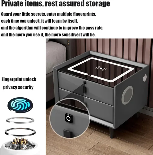 Vista 2 de Mesita de noche con cajón de bloqueo de huellas dactilares, inteligente con carga inalámbrica/2 puertos USB y luces LED, mesa auxiliar con altavoz
