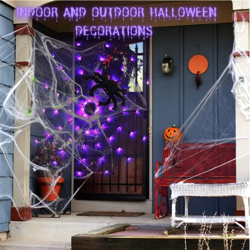 Vista 4 de LCHUANG Decoraciones de Halloween con luces de telaraña – 2 piezas de telaraña iluminadas, 4 pies de diámetro, 70 LED con araña negra, impermeable 2