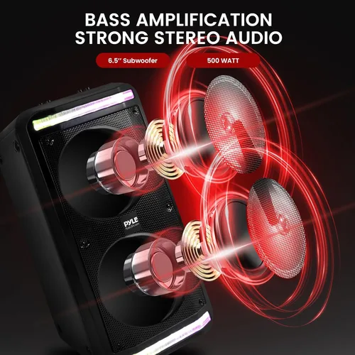 Vista 2 de Pyle Sound Around - Altavoz Bluetooth y sistema de micrófono, altavoz de karaoke estéreo portátil con micrófono con cable, lectores MP3/USB/Micro