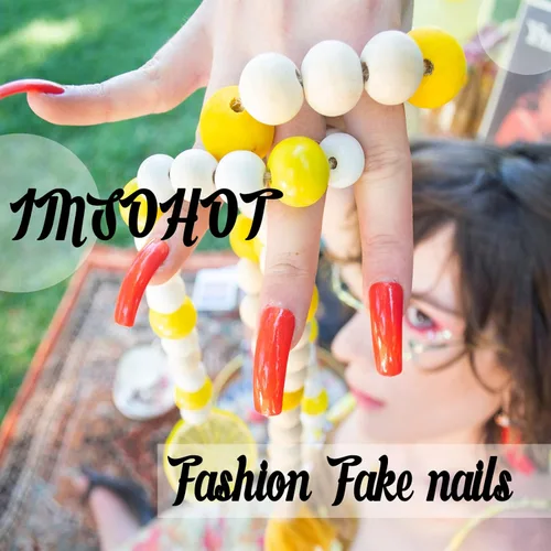 Vista 7 de IMSOHOT Uñas postizas, acrílicas de color naranja mate, puntas francesas cuadradas, 24 unidades, uñas extra largas con pegamento con bonitos diseños