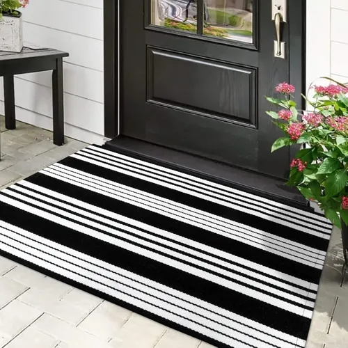 Vista 23 de Alfombra de exterior a rayas blancas y negras, 2 x 3 pies, de algodón, moderna, tejida a mano, reversible, para porche, puerta de bienvenida