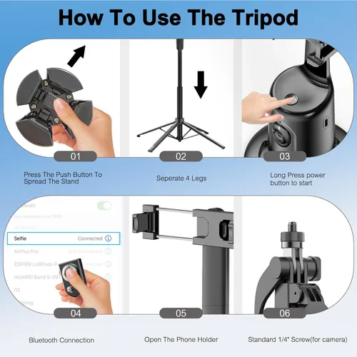 Vista 9 de Trípode para selfie con seguimiento automático de rostros para iPhone con luz, rotación de 360° que sigue tu movimiento, soporte de trípode