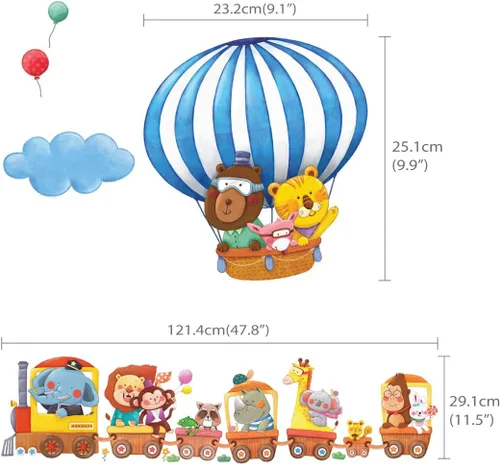 Vista 5 de Tren de animales y globos aerostáticos para decorar la pared de la habitación del bebé, niño, recámara y sala de estar, de Decowall DA-1406