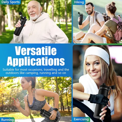 Vista 2 de Paquete de 8 botellas de agua deportivas de acero inoxidable de 22 onzas, botella aislada negra, botella de boca ancha al vacío, con tapa