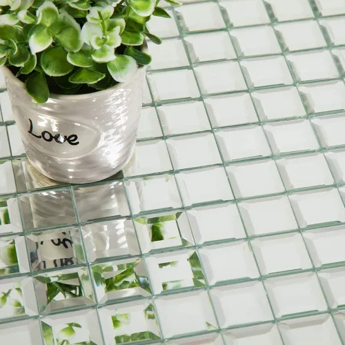 Vista 5 de Mosaico de vidrio con espejo, biselado sin costuras de diamante plateado para salpicaduras de 12 x 12 pulgadas para cocina y baño, 5 hojas