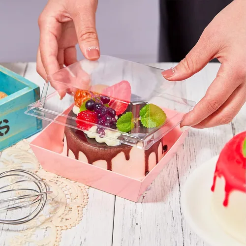 Vista 6 de Kucoele Paquete de 100 Cajas de Papel para Charcutería con Tapas Transparentes, Cajas de Galletas Rosas de 4 Pulgadas, Cajas de Postre, Contenedores