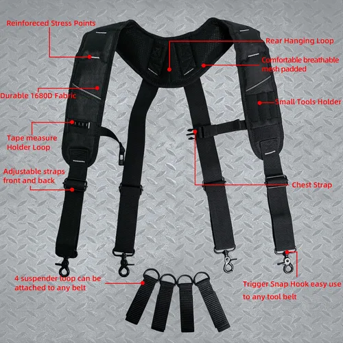 Vista 2 de KUNN Tirantes de Cinturón de Herramientas para Hombres con Pulsera Magnética, Tirantes de Trabajo Resistentes para Construcción Electricistas Negro