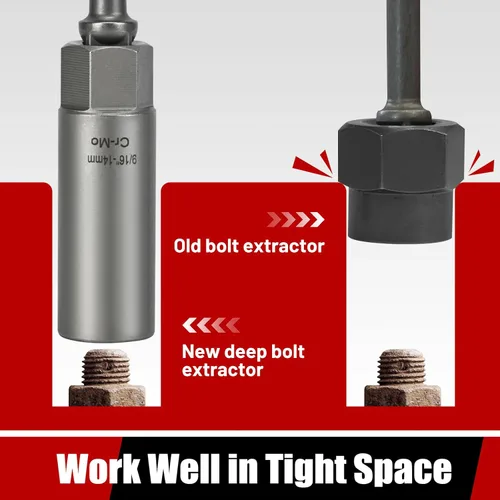 Vista 3 de Kit extractor de pernos de 16 piezas, juego extractor de pernos despojados, juego de extracción fácil largo y profundo, herramienta de llave de tubo