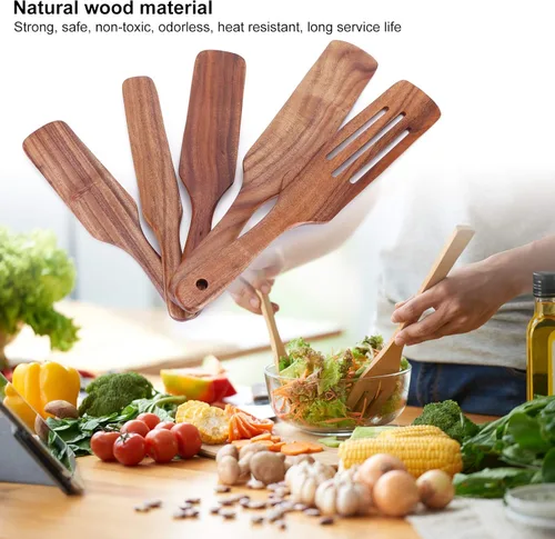 Vista 2 de FLEXMAN 5Pcs Teak Wooden Utensils Set, Multi Functional Wood Cooking Utensils Set, Kitchen Utensils Set, Non Scratch Cooking Utensils for Stir