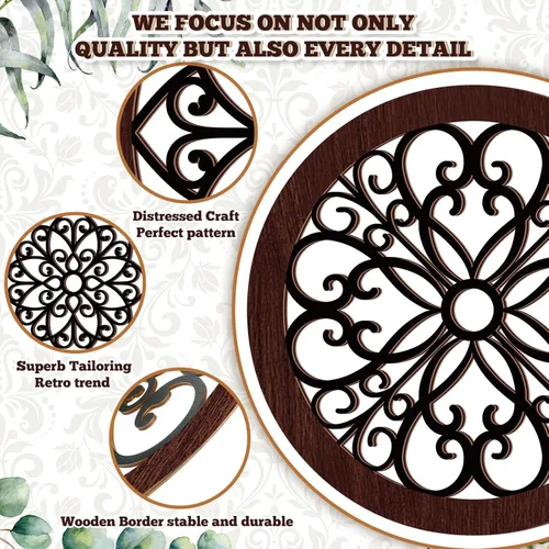 Vista 3 de Yulejo 4 piezas de decoración de pared rústica engrosada para cocina de granja, arte de pared redondo de madera con diseño tallado en relieve, arte