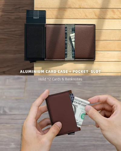 Vista 4 de VULKIT Tarjetero RFID Bloqueo de Cuero Automático Pop Up Cartera Aluminio Slim Pocket Tarjeta de Visita