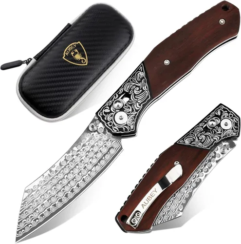 Vista 14 de Cuchillo de bolsillo plegable de Damasco AUBEY hecho a mano con clip para hombres, cuchillo de caza de Damasco EDC con bloqueo de vástago