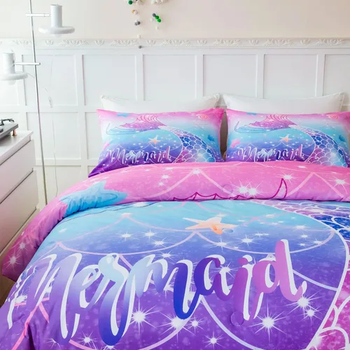 Vista 7 de ZRNBAST Juego de edredón de sirena tamaño Queen para mujeres y niñas, juego de ropa de cama rosa, morado, turquesa, degradado, multicolor, arco