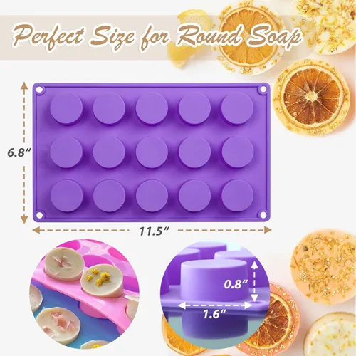 Vista 4 de Moldes de jabón, cilindro redondo de silicona, 3 paquetes, 15 cavidades para aperitivos, chocolate, dulces, galletas, cera, pequeña cera, derretida