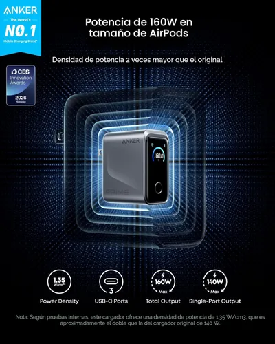 Vista 2 de Cargador Anker Prime, Bloque de Carga GaN USB C Compacto de 160W con 3 Puertos, Pantalla Inteligente y Control Táctil, Carga Máxima de 140W a Través