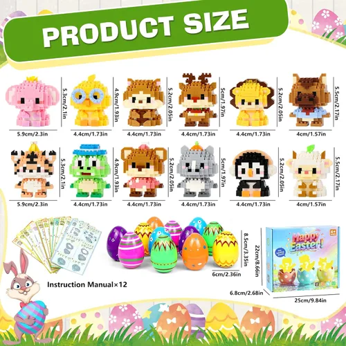 Vista 2 de Paquete de 12 rellenos de cesta de Pascua para niños, rellenos de huevos de Pascua con bloque de construcción, huevos de Pascua precargados