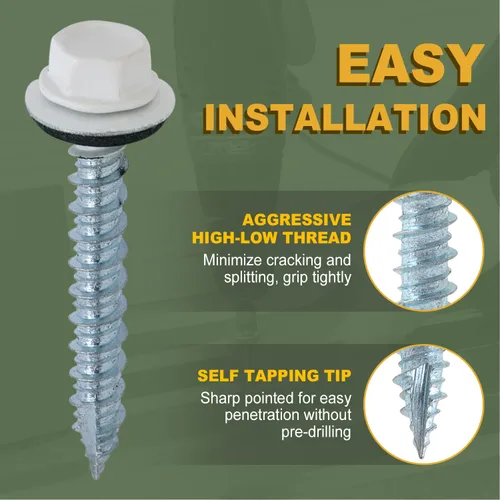 Vista 4 de LIONMAX 500 unidades de tornillos para techos de metal #10 x 2,5 cm, tornillos de zinc con cabeza hexagonal pintada en blanco, arandela de goma