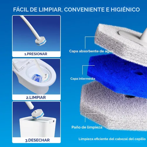 Vista 9 de Sistema de Cepillo de Limpieza Desechable para Inodoro con 50 uds. de Almohadillas de Repuesto Cabezales, Varilla de Limpieza para Inodoro, Kit