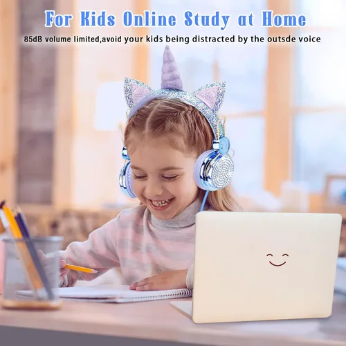 Vista 2 de TCJJ Unicorn - Auriculares con cable para niños con micrófono, conector de Azul