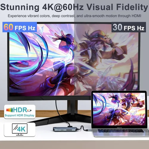 Vista 3 de Adaptador Ethernet de concentrador USB C 8 en 1 con HDMI 4K a 60Hz, carga PD de 100 W, 3 puertos USB 3.0, RJ45 de 1 Gbps, lector de tarjetas SD/TF