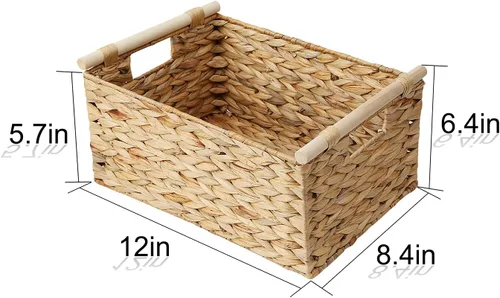 Vista 6 de Cestas de almacenamiento de jacinto de agua natural para organizar pequeñas cestas de mimbre con asas, cestas rectangulares tejidas para cestas