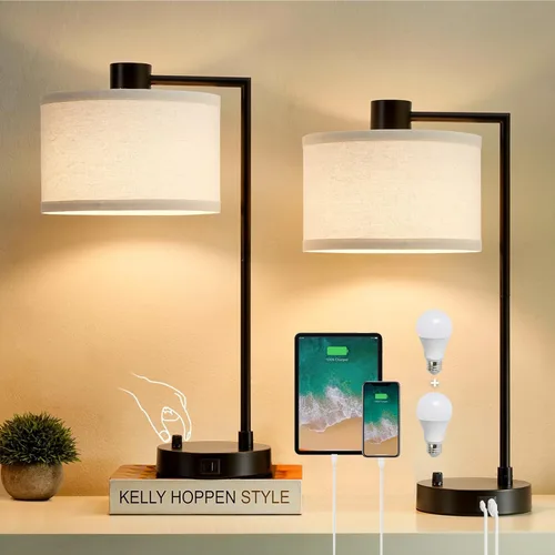 Vista 9 de Luvkczc Lámpara de Mesa para Dormitorio Juego de 2 con Puertos USB C+A - Lámpara de Noche Totalmente Regulable Sin Escalones con Pantalla de Lino