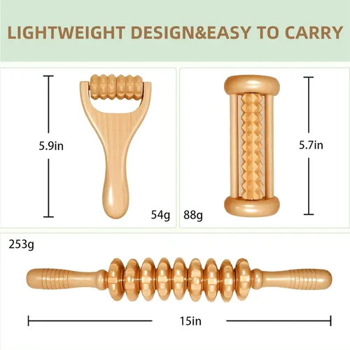 Vista 5 de 3 herramientas de masaje de terapia de madera, drenaje linfático y kit de maderoterapia para esculpir el cuerpo, anticelulitis, rodillo muscular