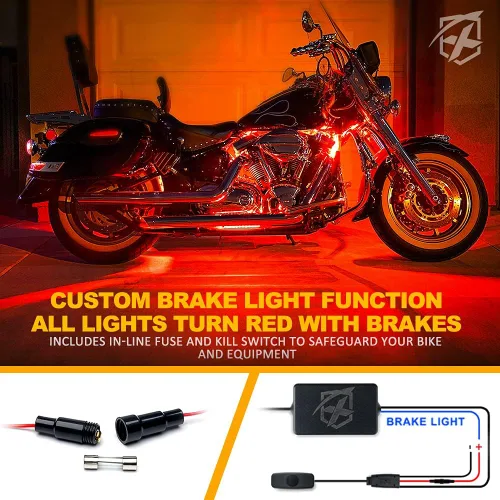 Vista 2 de Xprite Kit de luces LED RGB para motocicleta, impermeable, con control remoto inalámbrico, tiras de luces de neón rojas, función de lámpara de freno