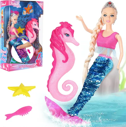Vista 7 de BETTINA Juego de muñeca sirena que cambia de color, muñeca de princesa sirena con cola que cambia de color, juguetes de sirena con caballito de mar