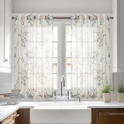Vista 26 de MYSKY HOME Cortinas de cocina florales de lino de 36 pulgadas de largo, juego de 2 paneles sobre el fregadero, cortinas de media ventana