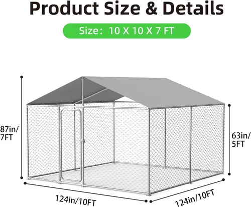 Vista 5 de Perrera para perros extra grande de 10 x 10 pies en el exterior, caja resistente con cerradura de seguridad y cubierta impermeable, jaula de malla