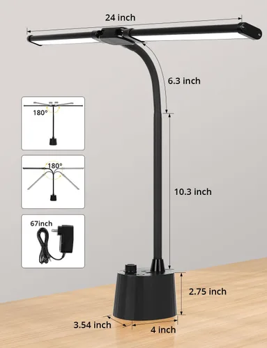 Vista 4 de Lámpara de escritorio Woputne, de doble cabeza, con puerto de carga USB inteligente A+C, 5 modos de color regulables, 2600 lúmenes, 12W