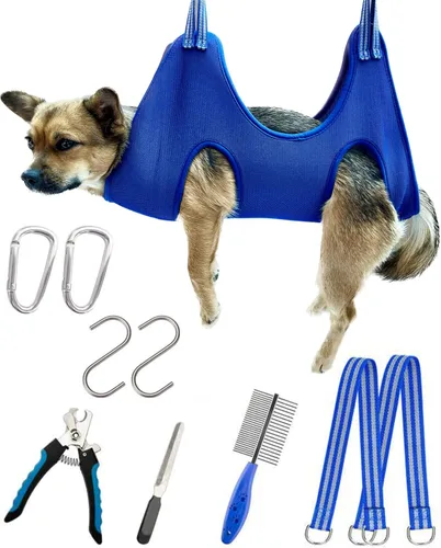Vista 6 de Kkiimatt Arnés de hamaca 10 en 1 para aseo de perros con cortaúñas, hamaca para recortar uñas para mascotas, soporte para colgar en el aseo para Azul