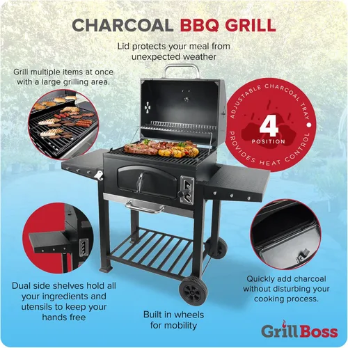 Vista 2 de Grill Boss - Parrilla para barbacoa de carbón de 24 pulgadas con estantes laterales, termómetro integrado, color negro
