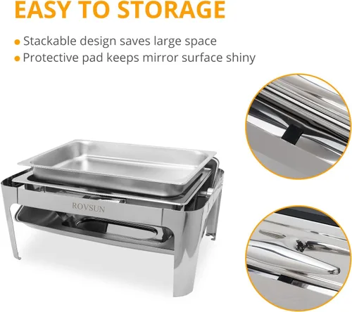 Vista 7 de ROVSUN Juego de 2 platos de bufé con tapa enrollable, 9 cuartos de galón de acero inoxidable rectangular NSF para catering, servidores de bufé