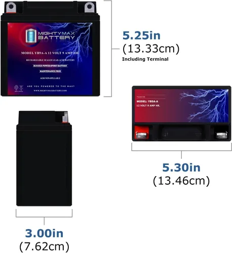 Vista 2 de Mighty Max Battery YB9A-A -12 voltios 9 AH, 130 CCA, batería de motocicleta SLA AGM sin mantenimiento recargable