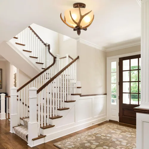 Vista 9 de Candelabro de cristal con cuernos de granja, estilo rural retro, lámpara colgante de techo, lámpara de montaje semiempotrado, 3 luces de 60 vatios