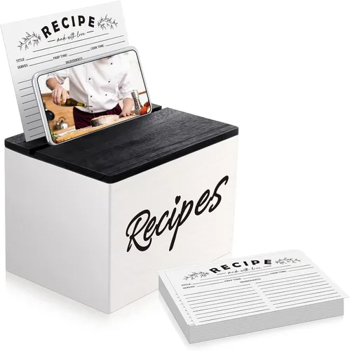 Vista 8 de Hoteam Caja de recetas de madera con tarjetas, soporte para tarjetas de recetas de madera rústica con 50 piezas, juego de tarjetas de 5 x 7, caja