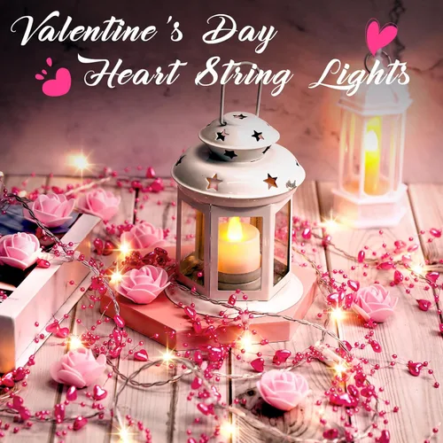 Vista 5 de Guirnalda de 40 luces LED con forma de corazón para el día de San Valentín con corazones y cuentas, funciona con pilas, romántica decoración del día