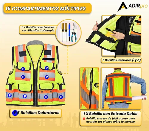 Vista 4 de AdirPro - Chaleco de seguridad para agrimensor con bolsillos - Chaleco reflectante de alta visibilidad para construcción Amarillo
