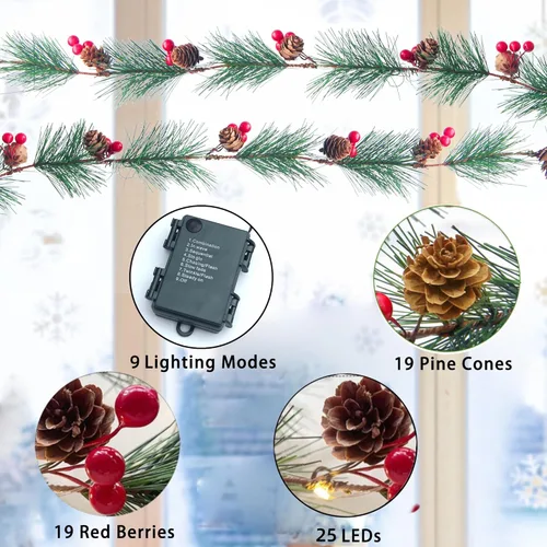 Vista 5 de Guirnalda de Navidad de 6 pies con luces, funciona con pilas, 25 LED, 9 modos con conos de pino, bayas rojas, ramas, guirnalda de decoración