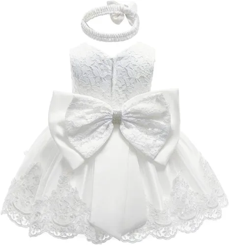 Vestido de encaje con lazo de flores para bebé, princesa, boda, cumpleaños, concurso, bautismo, bautizo, tutú con gorro
