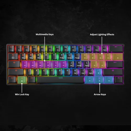 Vista 9 de Teclado mecánico para juegos 61 teclas multicolor RGB iluminado LED retroiluminado con cable programable para jugadores de PCMac