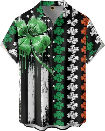 Camisetas de moda de manga corta con estampado de retazos para hombre, cuello hacia abajo, con botones, ropa de calle de verano