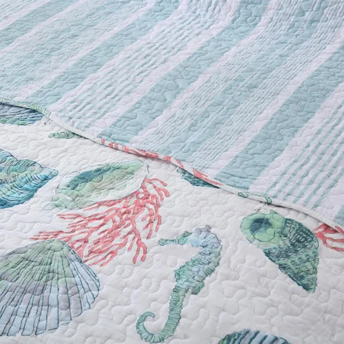 Vista 5 de ABREEZE Juego de ropa de cama con temática de playa costera, tamaño Queen, colcha reversible de algodón con diseño de conchas y conchas de mar